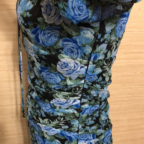 WAYF Floral Blue Cinched Hi-Low Fitted Sheer Puff Long Sleeve Dress size Medium - Picture 8 of 13